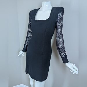 Vintage 90s Black Bodycon Mini Dress Lace Sleeves Power Shoulders S